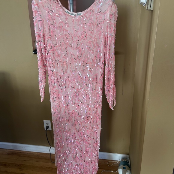 100% Pure Silk Vintage Retro Pink Long Sleeve Dress Beaded Sequins Made in India - Picture 3 of 9